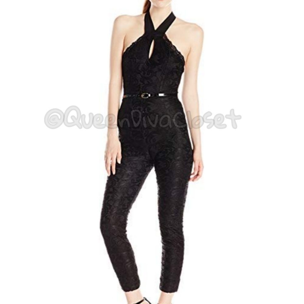 Xoxo black lace belted keyhole halter jumpsuit L - Picture 2 of 5